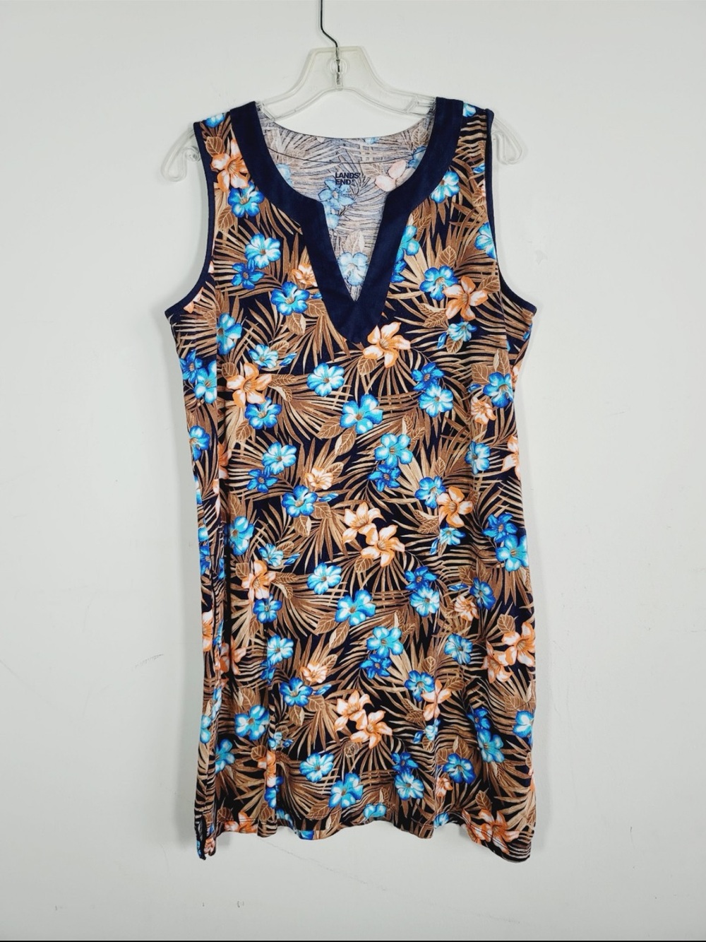 Lands End Sleeveless Floral V-Neck Dress in Navy and Blue, Size Large